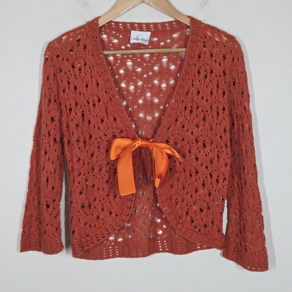 Vtg Y2K Orange Crochet Knit Cardigan 3/4 Sleeve Tie Front 3X Boho Festival Fairy